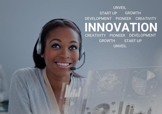 Digitally generated image of female executive wearing headset and motivational text