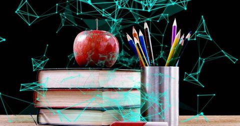 Stacked textbooks with red apple and pencil holder over futuristic teal network overlay