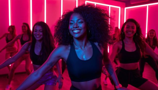 Energetic Dance Fitness Class with Smiling Leader in Neon Lit Studio