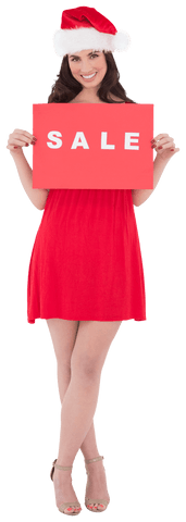 Transparent cheerful woman in santa hat holding sale sign in red dress