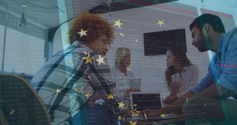 Diverse Team Collaborating in Modern Office Meeting with Technology Overlay