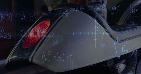 Motorcycle seat with math overlay on study of speed