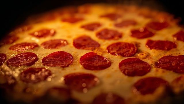 Bubbling pepperoni pizza melting mozzarella with glossy oil and golden-brown spots closeup