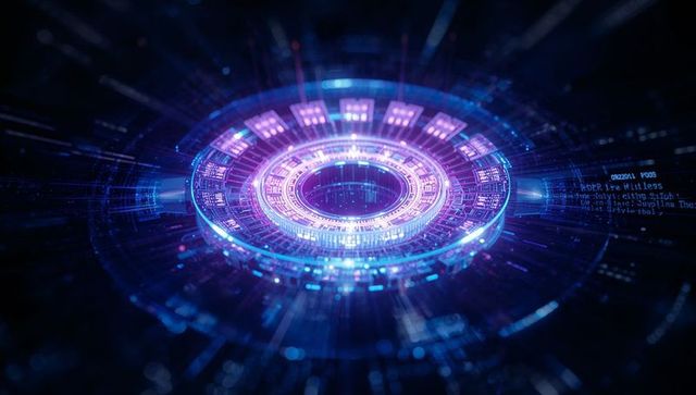 Futuristic holographic interface with glowing data particles