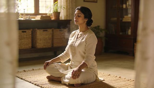 Meditating in sunlit room wearing cream kurta on jute rug with incense smoke