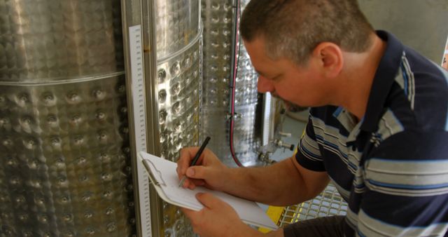 Man taking notes in front of industrial equipment - Download Free Stock Images Pikwizard.com