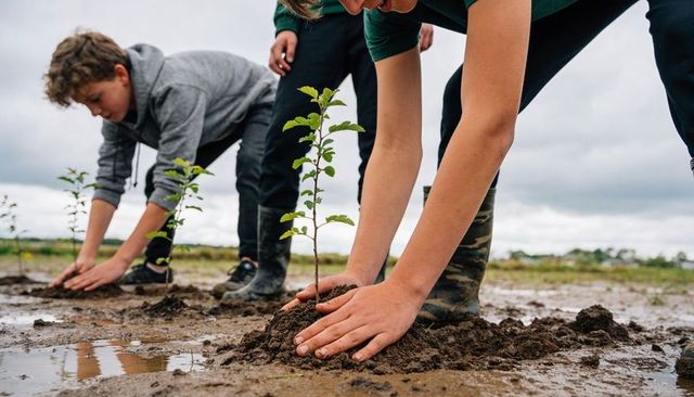 Teens planting tree seedlings in muddy field demonstrating teamwork and conservation