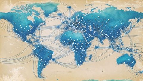 Watercolor global network map on parchment