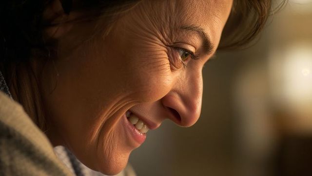 Warm closeup smiling midlife woman showing laugh lines and natural skin texture