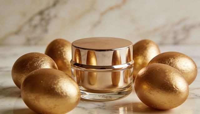 Luxury rose-gold cosmetic jar surrounded by gold eggs on marble countertop, warm lighting