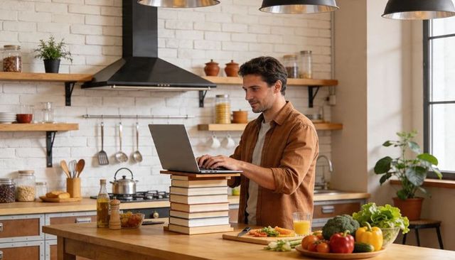 Man working from home in rustic kitchen at island using laptop on books while cooking