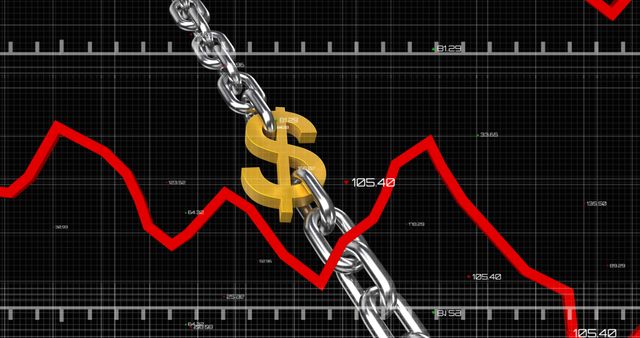 Digital composite image of chained dollar sign with red line graph moving down, copy space. Economic crisis, inflation, recession, loss of paper wealth, severe and sudden upset in economy.