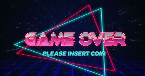 Retro Game Over Screen with Neon Triangles and 80s Vibe