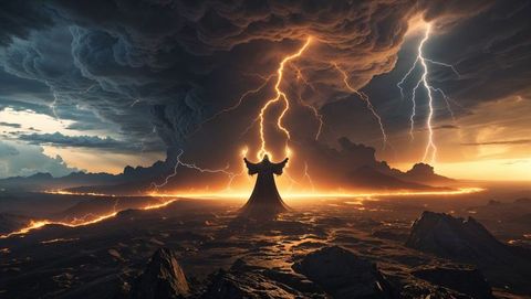 Hooded lucifer summoning lightning in volcanic wasteland