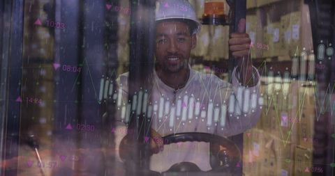 Warehouse worker driving forklift with digital financial chart overlay