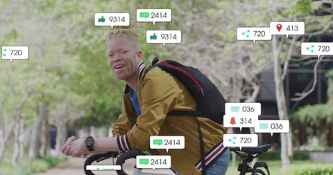 Smiling urban cyclist attracting social media engagement and notifications, backpacked commuter
