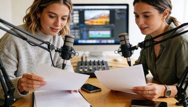 Two hosts recording podcast in home studio reading scripts with condenser microphones