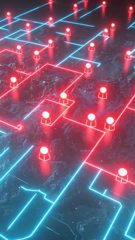 Vertical neon network video with pulsing red nodes and weaving blue circuit grid