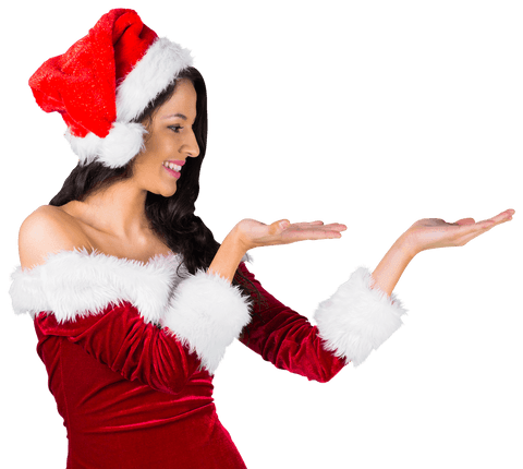 Smiling Woman in Santa Costume Presenting on Transparent Background