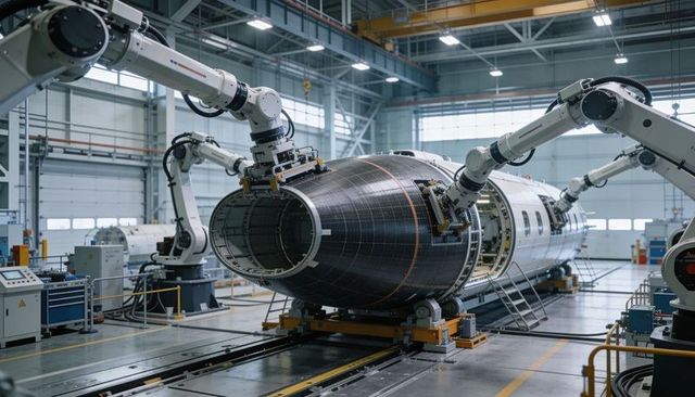 Robotic Arms Assembling Composite Aircraft Fuselage on Automated Aerospace Production Line