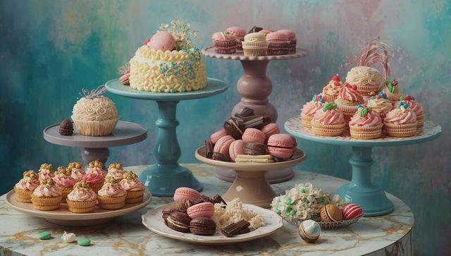 Elegant Confectionery Display with Macarons and Tiered Cakes