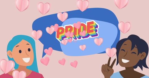 Pride celebration with diverse women icons and heart elements