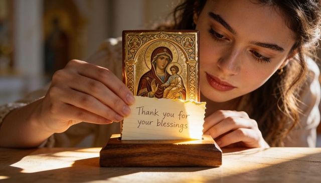 Young woman placing gilded virgin mary icon on wooden stand in sunlit chapel