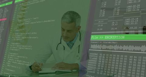 Doctor working with encryption and technology display
