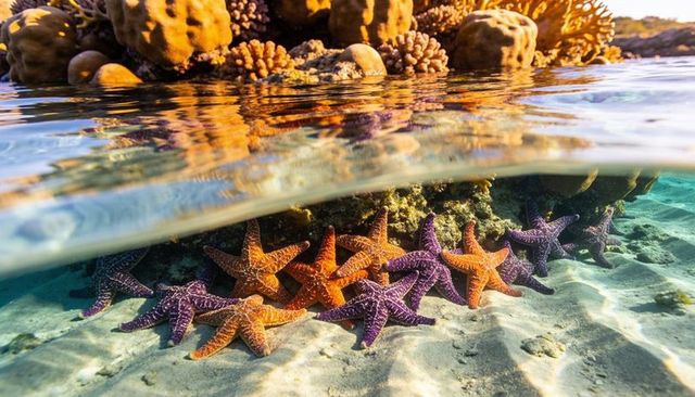 Sunlit over-under coral reef showing orange and purple starfish lining shallow seabed