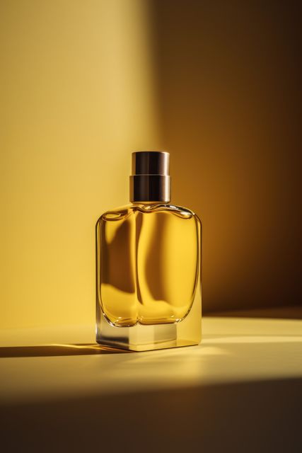 An elegant perfume bottle standing in warm sunlight against a yellow background, casting shadows and reflections. Perfect for use in advertising and marketing materials for fragrances, beauty products, luxury items, and cosmetics. Ideal for presentations, promotional materials, and websites promoting high-end personal care items.
