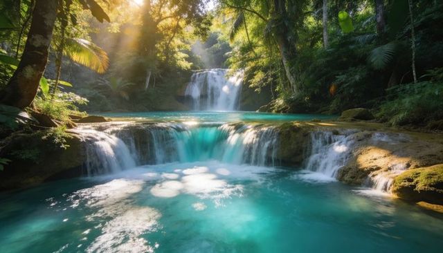 Cascading turquoise waterfalls in lush tropical rainforest with sunbeams and mist