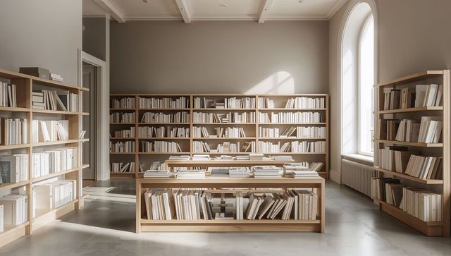 Sunlight streaming through arched window over minimalist wooden library shelving, serene interior