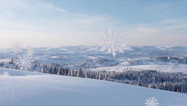 Winter panorama with snow-covered slopes, frosted conifer forest and floating snowflakes