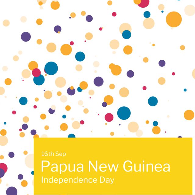 Perfect for use in educational and celebratory materials to promote Papua New Guinea's Independence Day on 16th September. Ideal for social media graphics, flyers, and invitations. This image, featuring colorful dots and ample copy space, can also be used for digital campaigns and website banners surrounding Independence Day festivities and cultural events.
