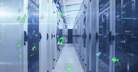 Futuristic data center corridor with holographic green energy symbols