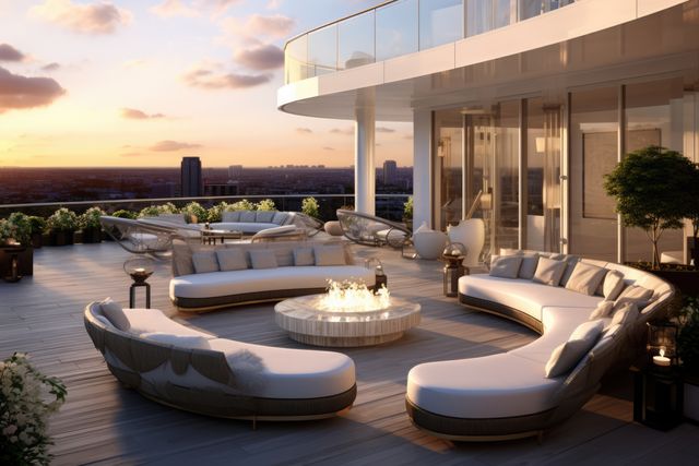 Luxury Rooftop Terrace with Modern Furniture and Fire Pit at Sunset - Download Free Stock Images Pikwizard.com
