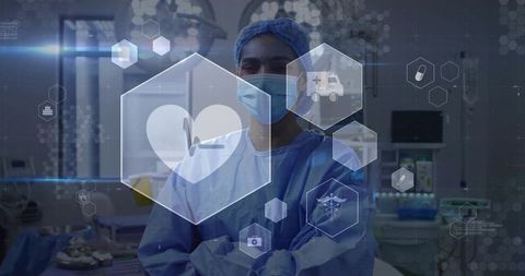 Smiling Surgeon with Innovative Healthcare Technology Visualization