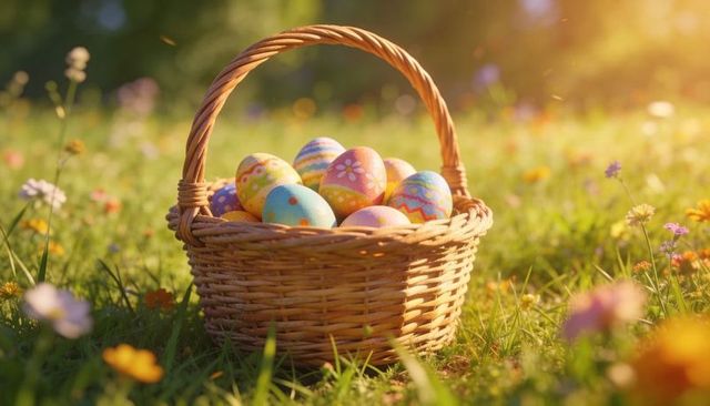 Wicker basket holding pastel easter eggs in sunlit wildflower meadow with golden bokeh