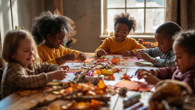 Children making autumn leaf crafts at sunlit wooden table, cozy teamwork moment