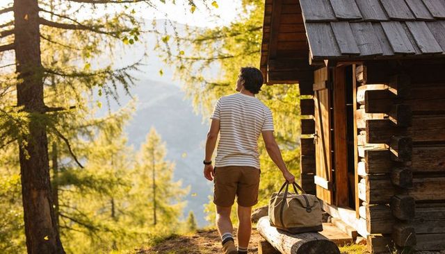 Hiker walking from rustic log cabin at golden hour carrying canvas duffel bag in forest