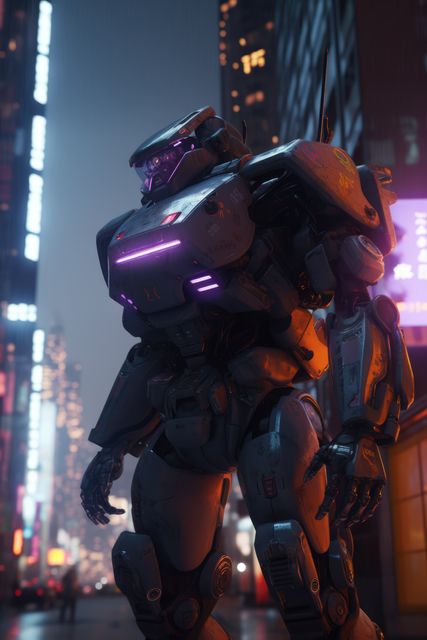 A highly advanced robotic soldier is patrolling through the brightly lit, neon-filled streets of a cyberpunk city at night. The scene captures the essence of futuristic urban life, blending high-tech innovation with a dystopian backdrop. Perfect for use in sci-fi promotional materials, film posters, gaming industry advertisements, technology websites, and articles on artificial intelligence.