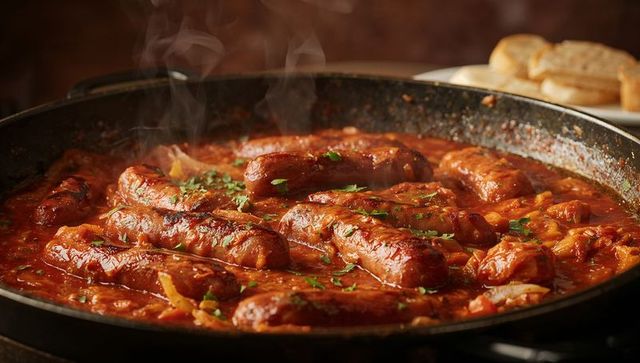 Sizzling sausages simmering in chunky tomato sauce with toasted bread