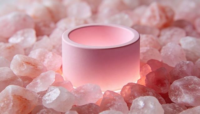 Matte pink cylinder backlit by himalayan salt crystals for spa and wellness branding