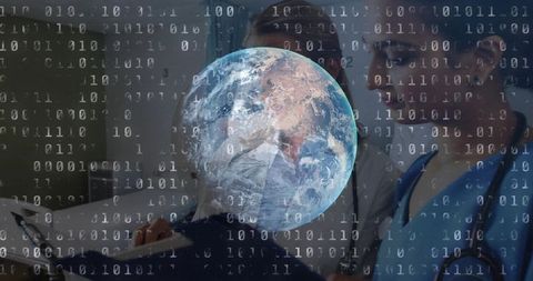 Global healthcare data concept with earth globe over clinical team and binary code