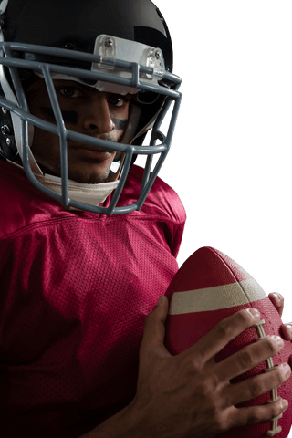Transparent image of football player holding ball, helmet on