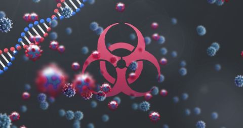 Virus cells and dna with biohazard symbol over dark background