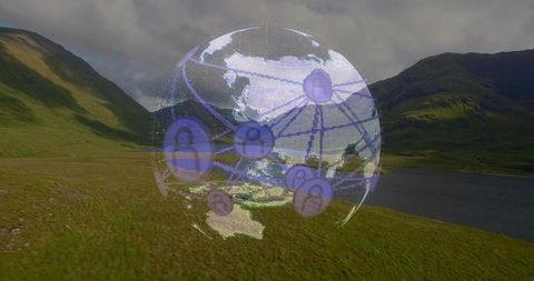 Purple holographic globe hovering over moorland lake with digital network nodes connecting