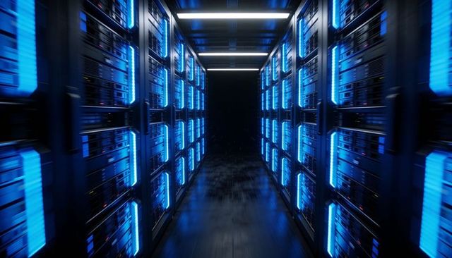 Neon blue server aisle leading eyes down narrow data center corridor with glowing racks