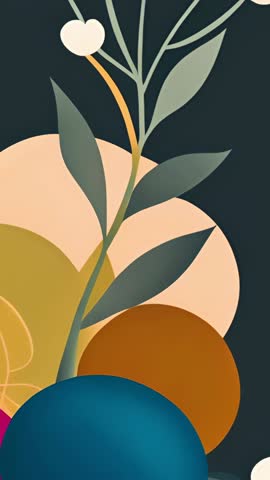 Vertical video with teal semicircle sweeping over geometric botanical composition