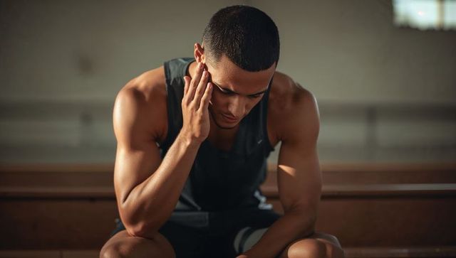 Athlete resting on gym bleachers after intense workout, catching breath in sunlight